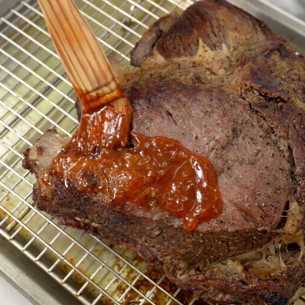브러시를 이용해 소갈비 겉면에 진한 빨간색 BBQ 소스를 듬뿍 바르는 모습.