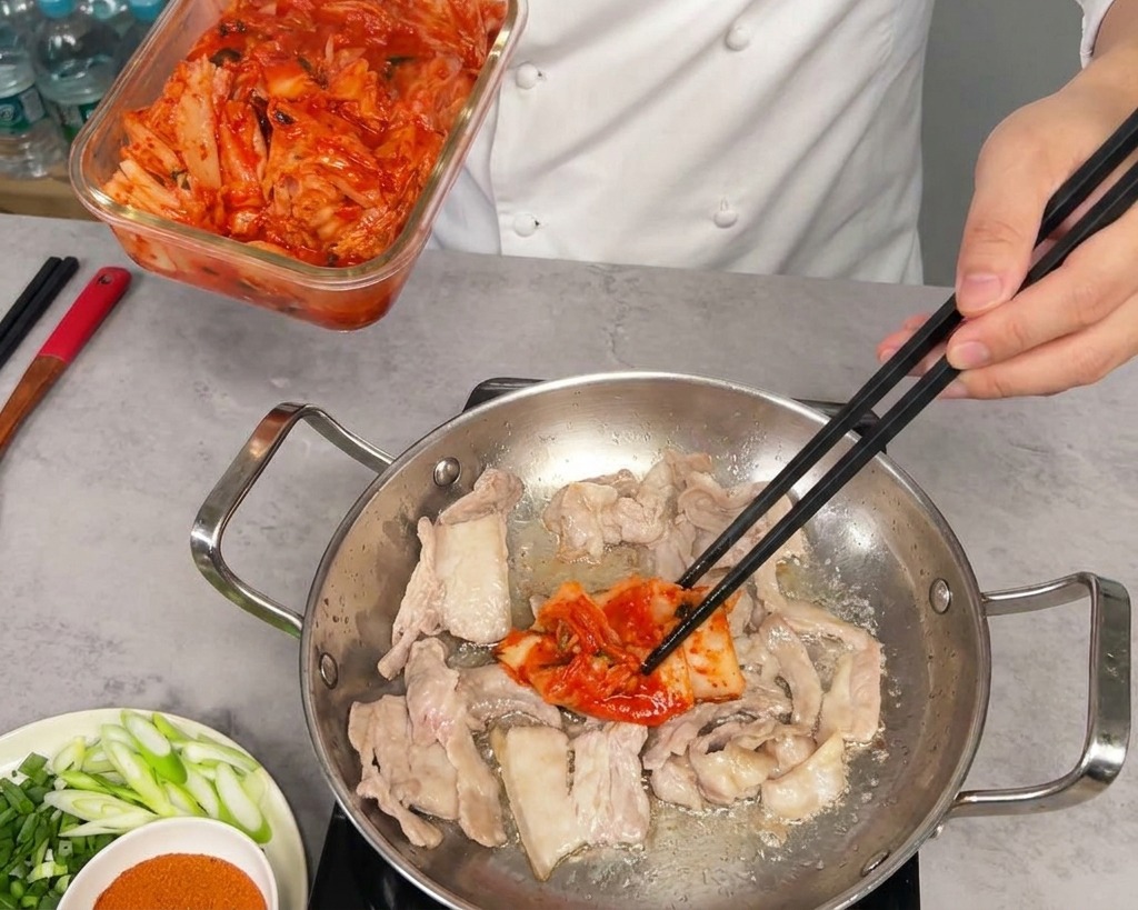 노릇하게 볶아진 삼겹살 위로 썬 신김치를 듬뿍 넣는 모습
