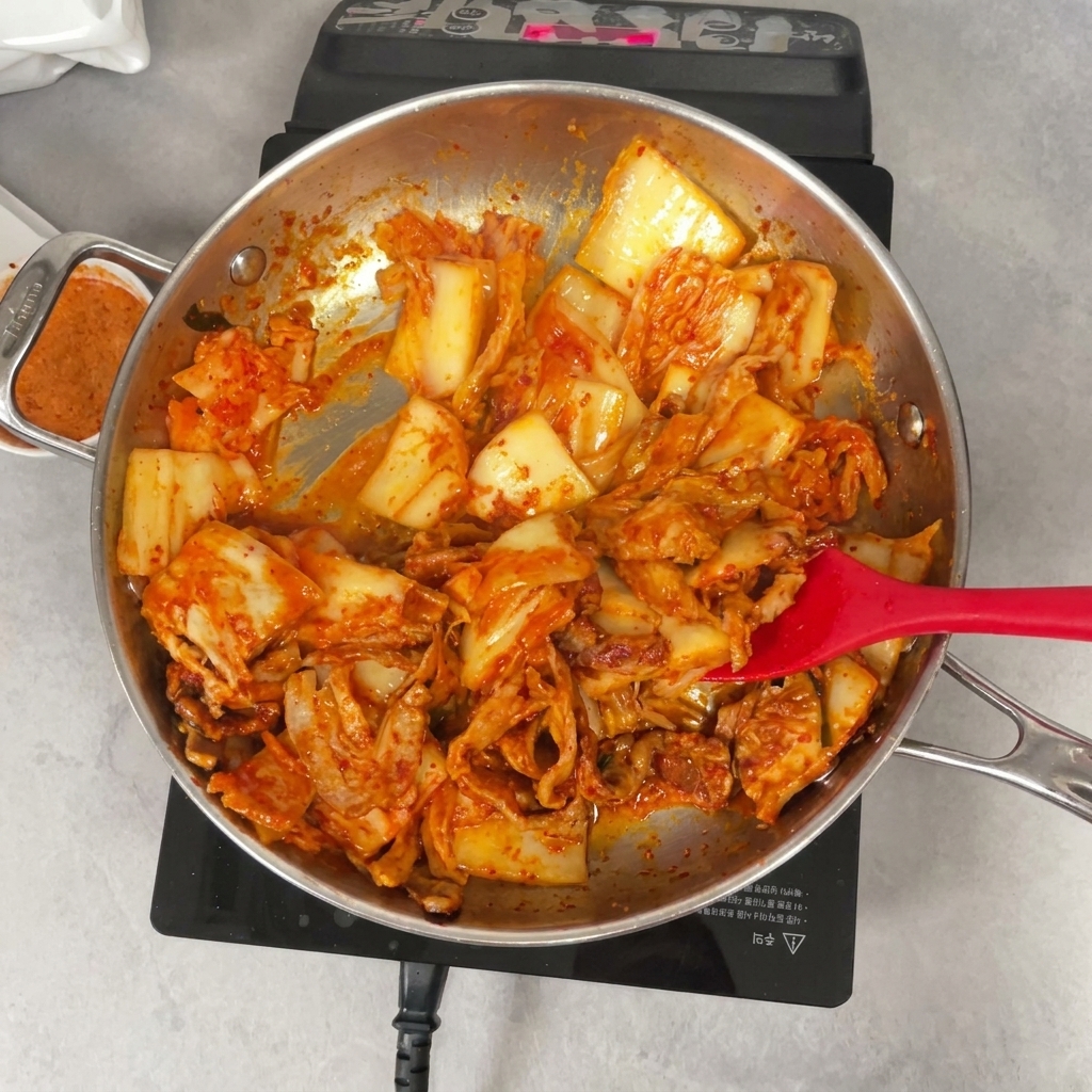 주걱으로 고기, 김치, 고춧가루를 골고루 섞으며 볶는 모습