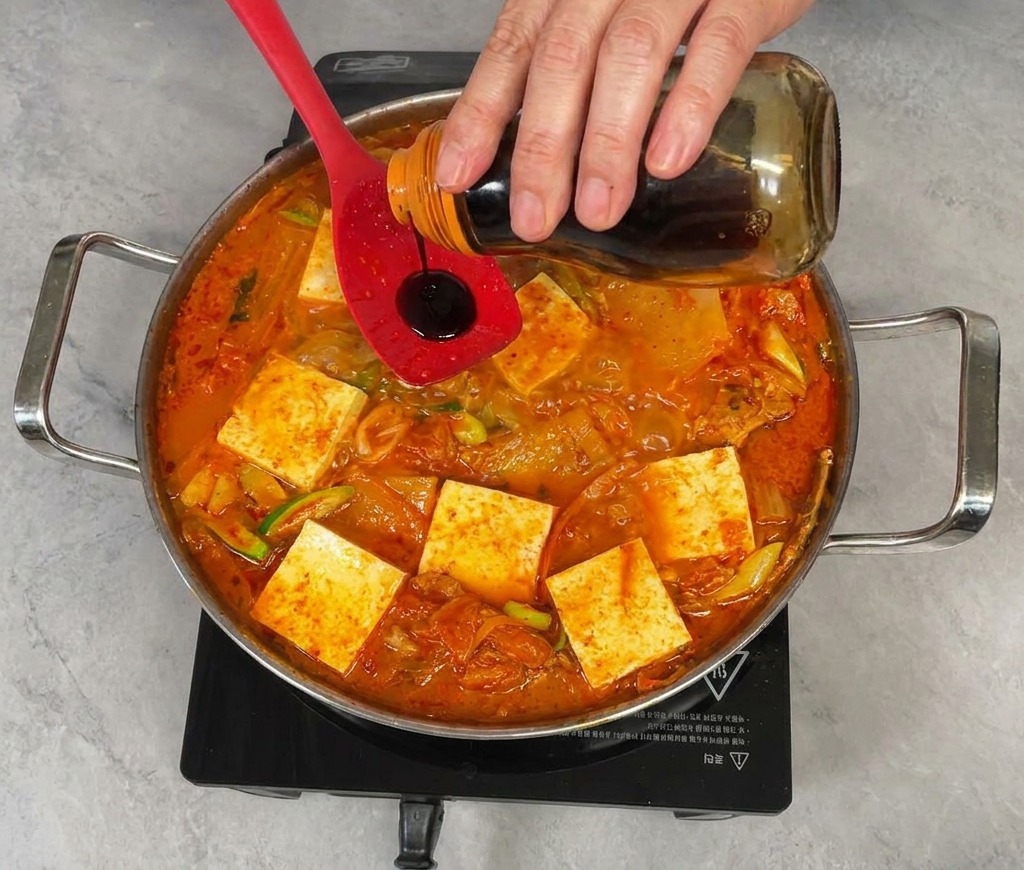 보글보글 끓는 찌개 위로 국간장을 한 숟가락 넣는 모습