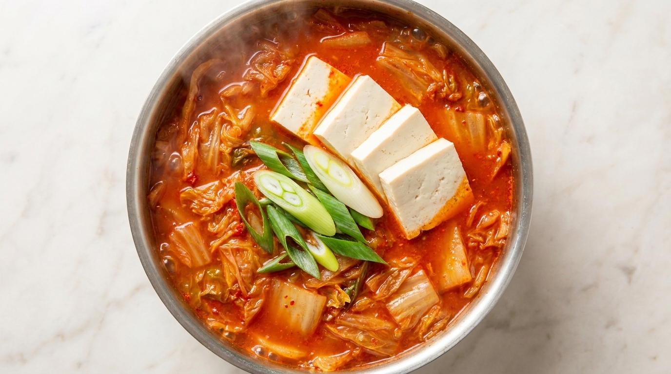부드러운 삼겹살과 두부, 신선한 대파가 듬뿍 들어가 보글보글 끓고 있는 먹음직스러운 김치찌개.