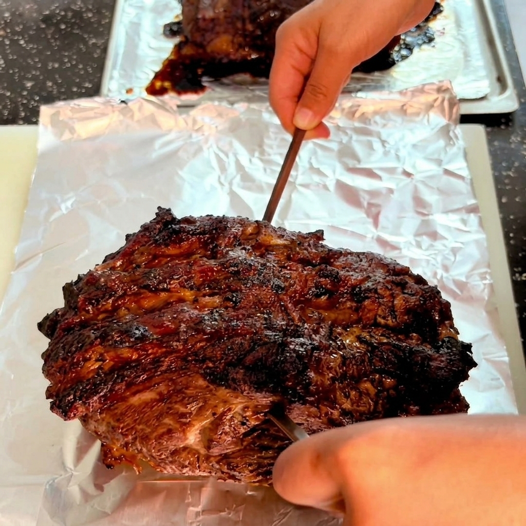 포일을 깐 쟁반 위에 올려진 어둡고 부분적으로 구워진 소고기를 쇠 꼬치로 찌르는 모습.