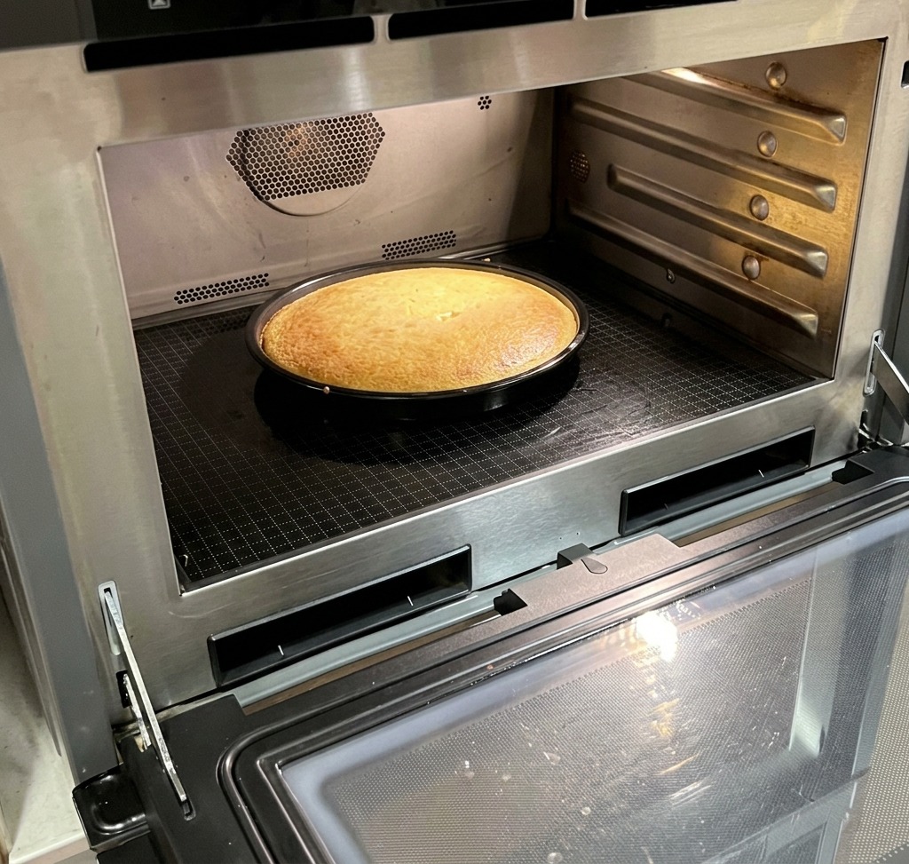 오븐 안에서 노릇하게 익은 옥수수빵 중앙을 칼로 찔러보는 모습.