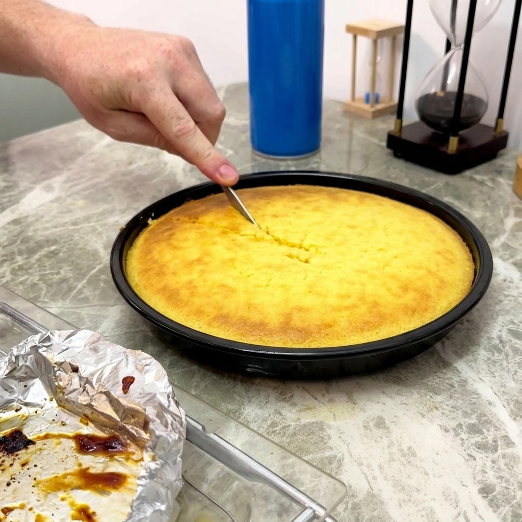 도마 위에서 노란 옥수수빵을 삼각형 모양으로 자르는 모습.
