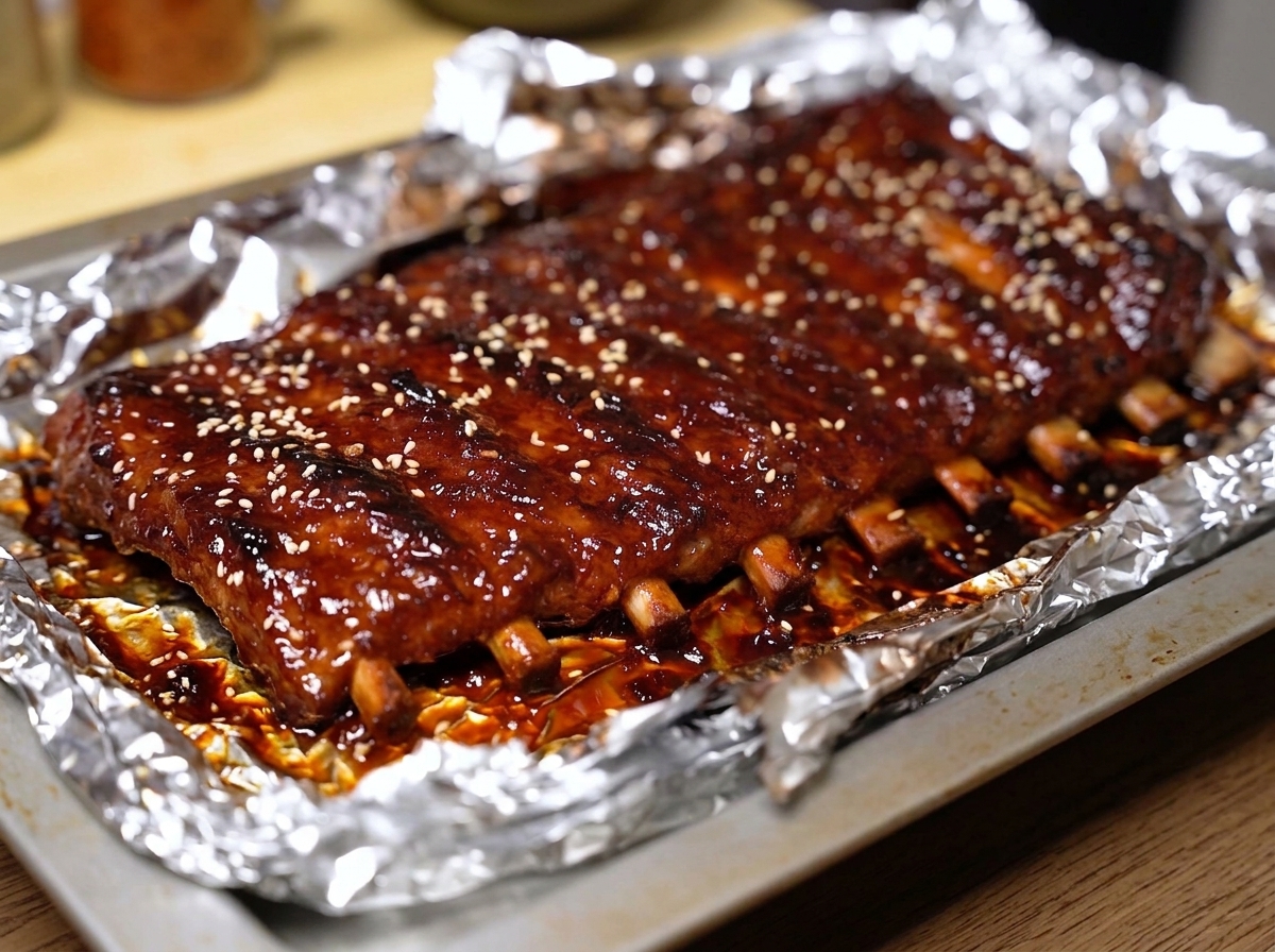 완성된 갈비 위에 흰 깨를 골고루 뿌린 모습.