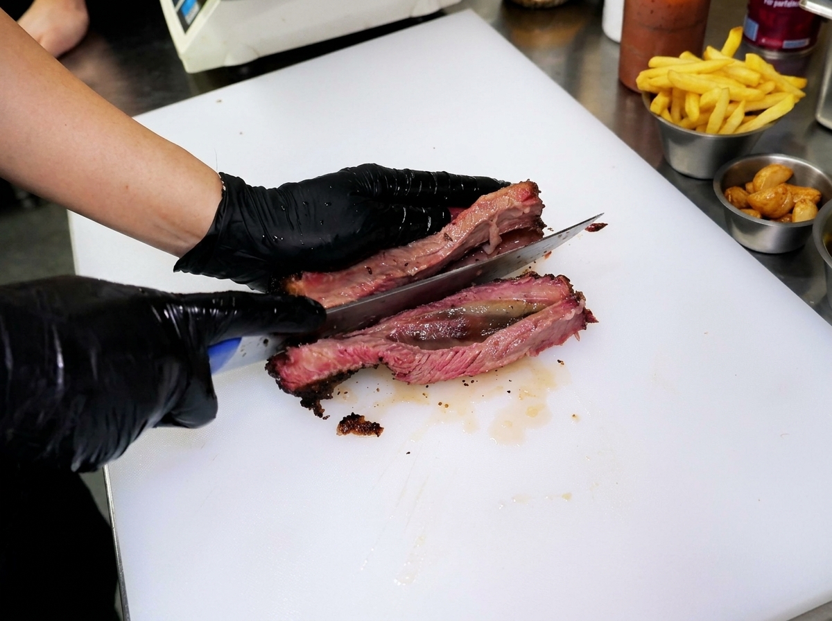 흰색 도마 위에서 날카로운 칼로 분홍빛 속살이 선명한 부드러운 훈연 비프 립을 써는 모습