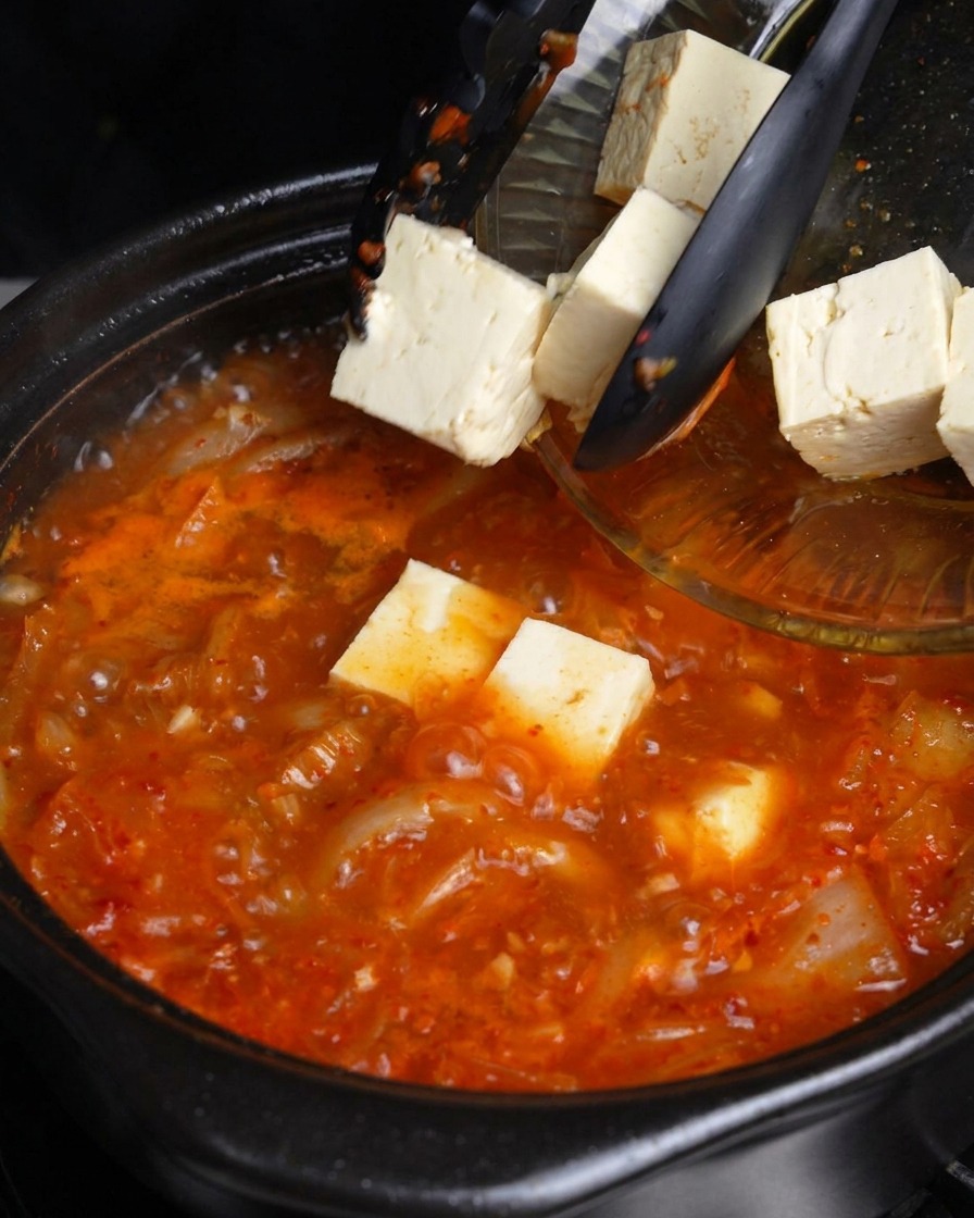 유리 볼에 담긴 깍둑썰기한 흰 두부를 끓는 김치찌개에 미끄러지듯 조심스럽게 넣는 모습.