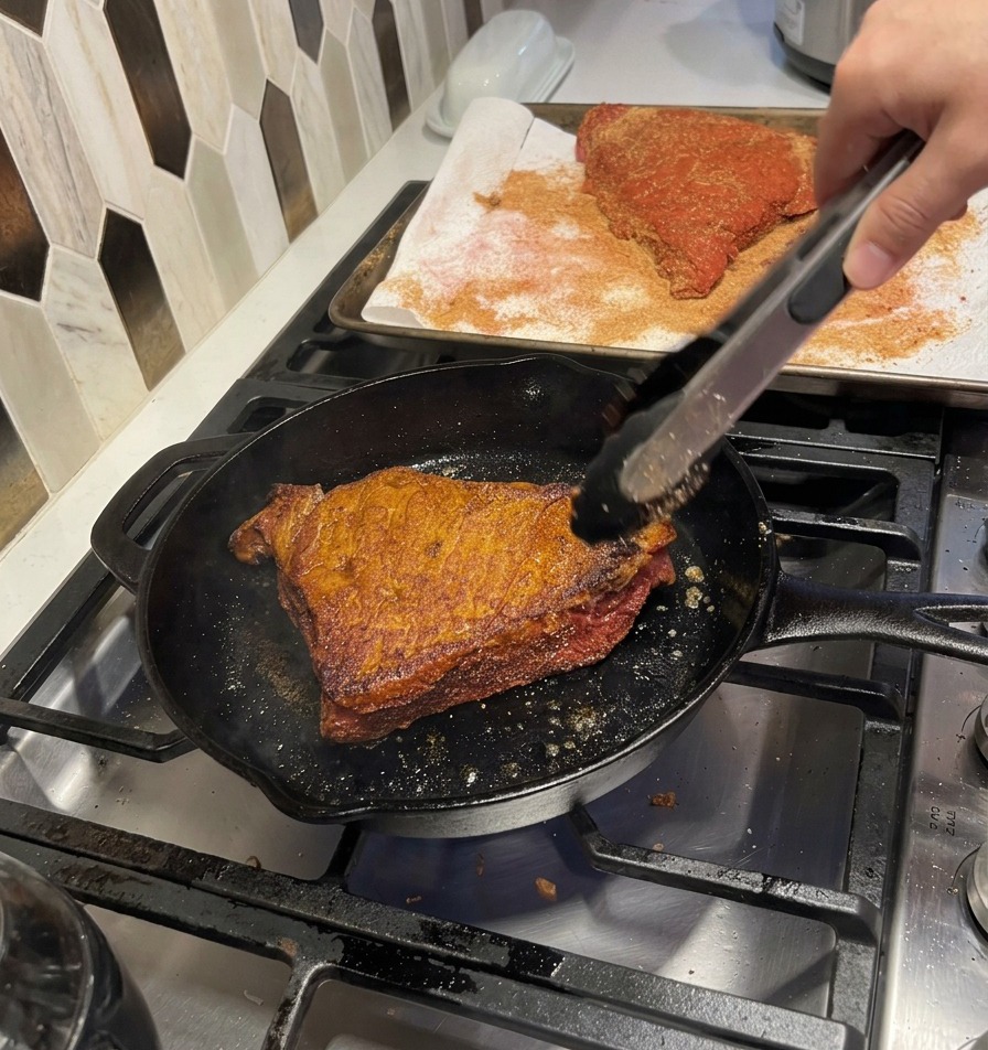 주물 팬 안에서 고기 덩어리들이 노릇하게 구워지고 있는 모습.