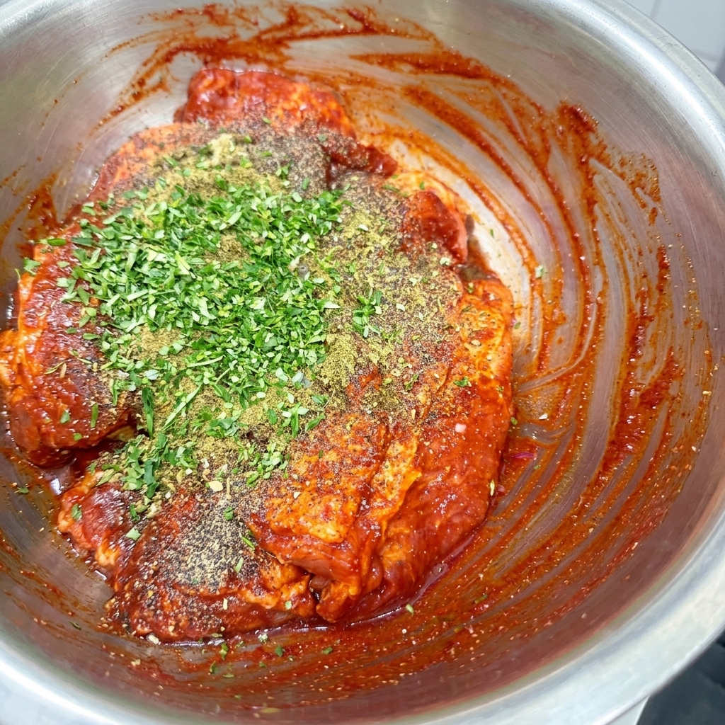 파프리카 가루, 다진 파슬리 및 각종 건조 향신료가 뿌려진 볼 안의 생고기.