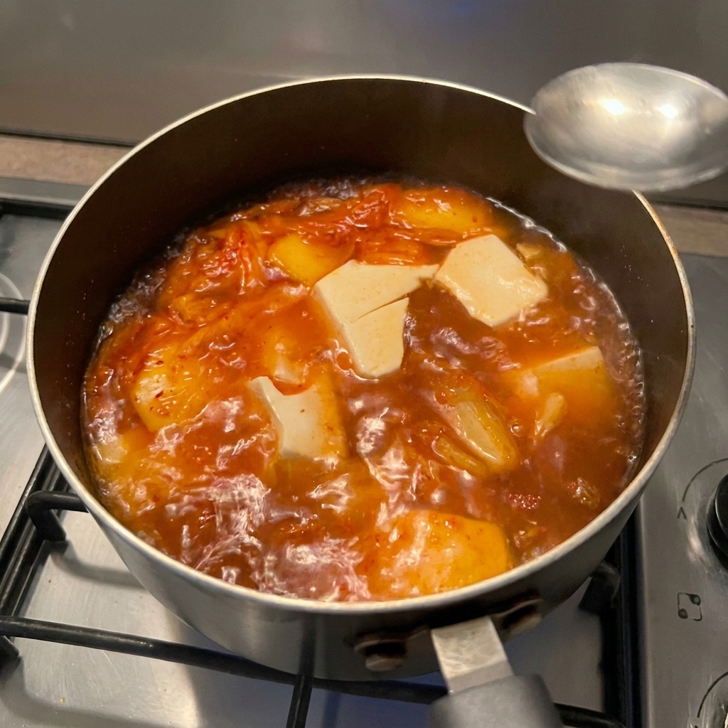 끓고 있는 찌개에 간장을 한 스푼 두르는 모습.