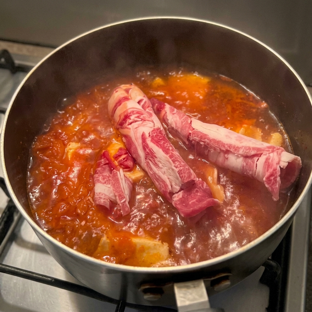 끓는 찌개 위에 얇은 소고기 슬라이스를 올리는 모습.