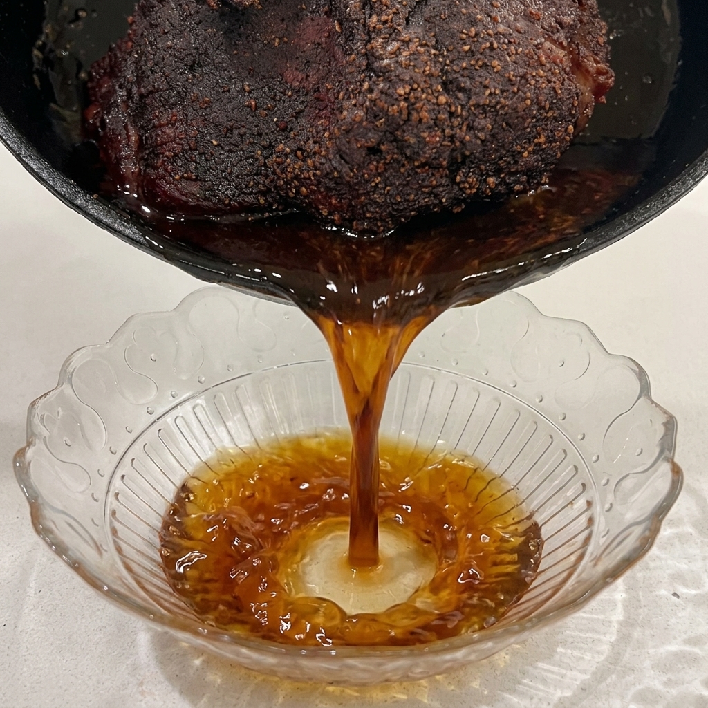 조리 후 팬 바닥에 고인 진한 육즙을 그릇에 따로 담는 모습
