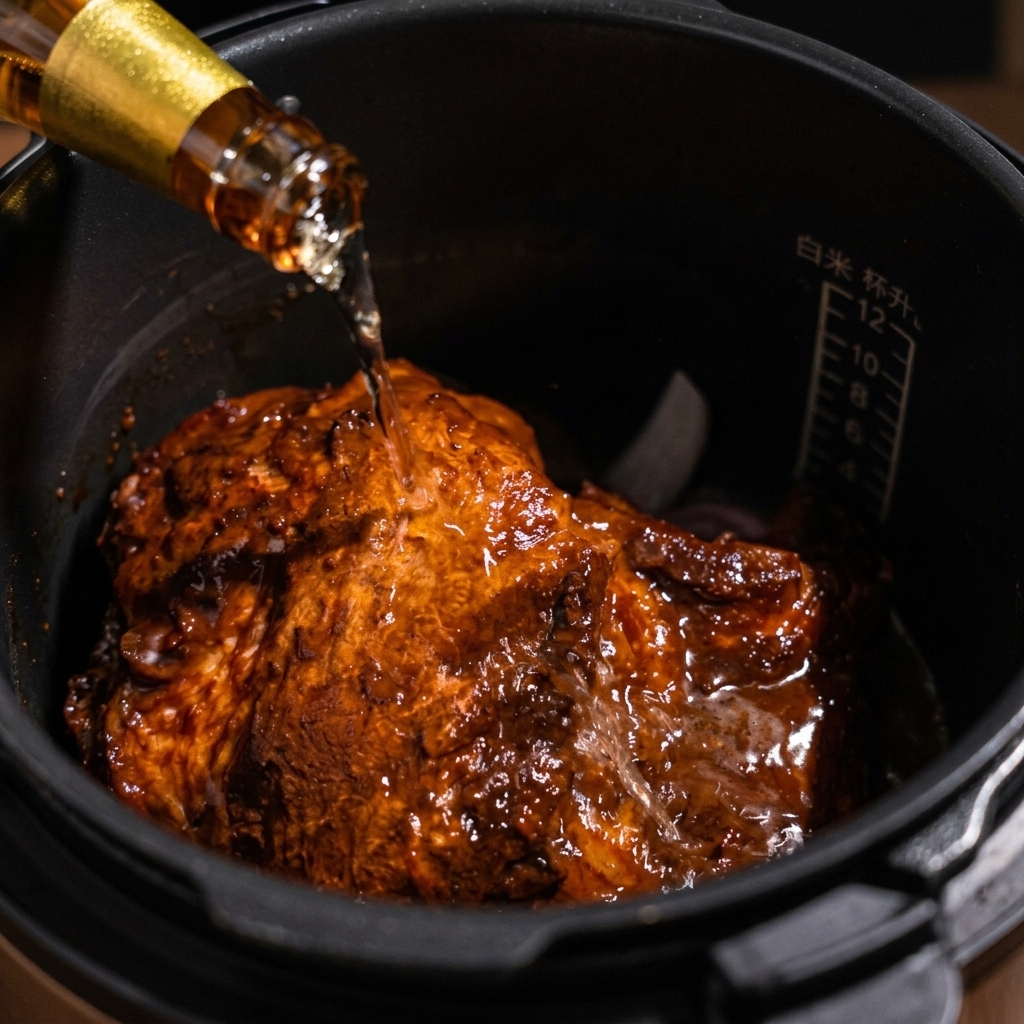 압력솥에 맥주 한 병을 붓는 모습