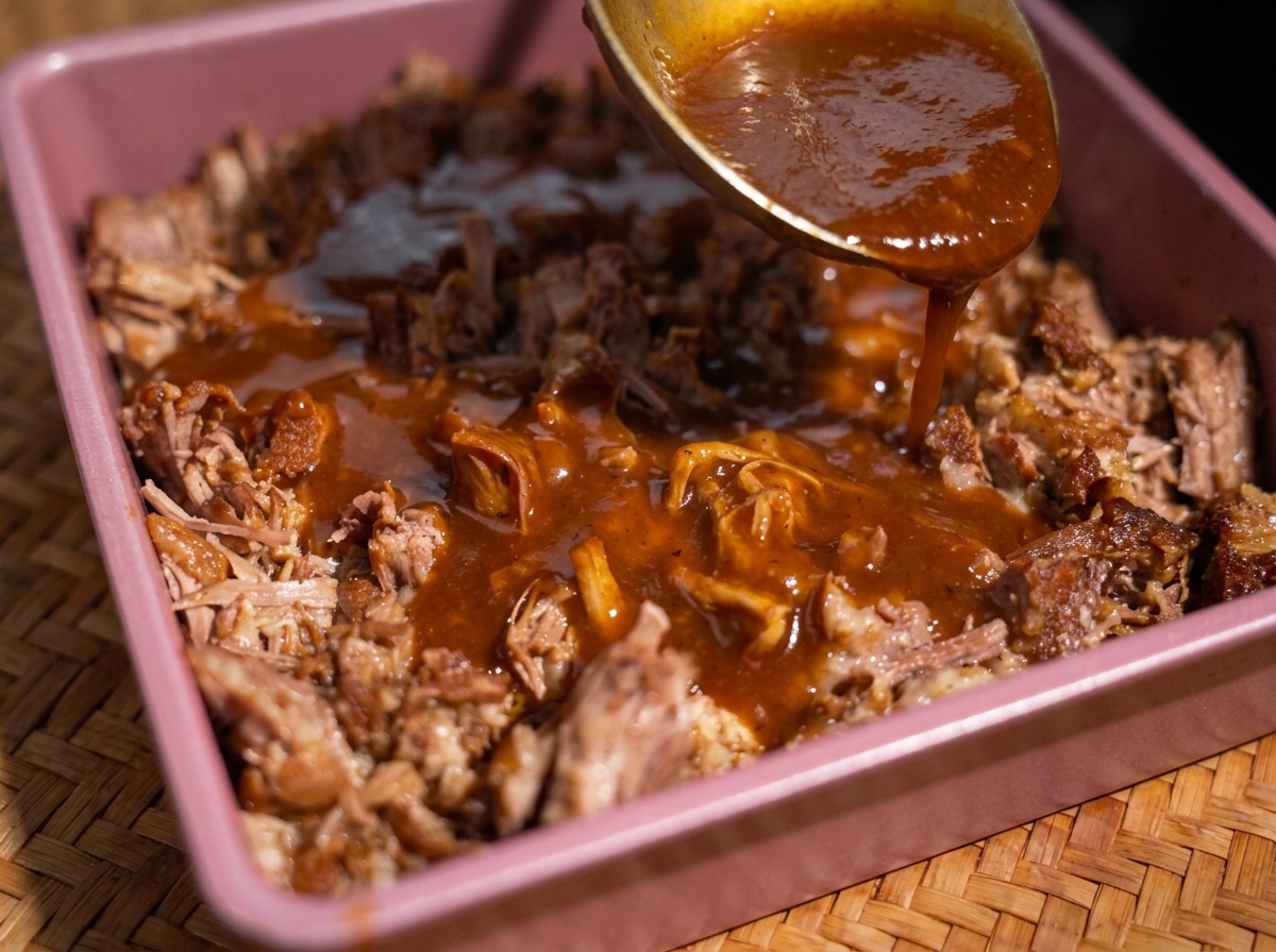 걸쭉한 소스를 찢어둔 고기 위에 붓는 모습
