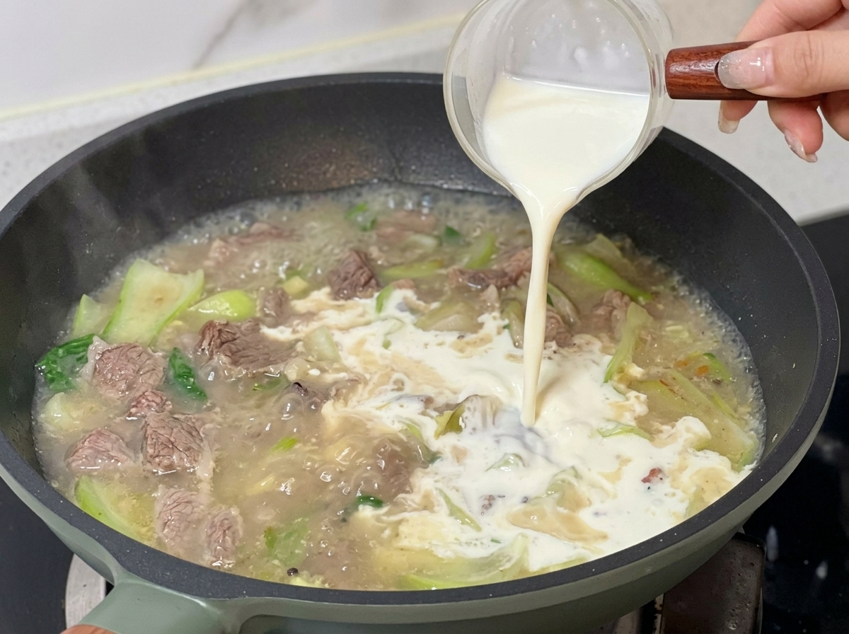 끓고 있는 팬에 남은 우유 혼합물과 미리 만들어둔 루를 붓는 모습.