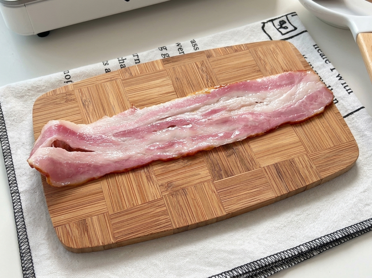 도마 위에 길게 펼쳐진 생베이컨 한 줄