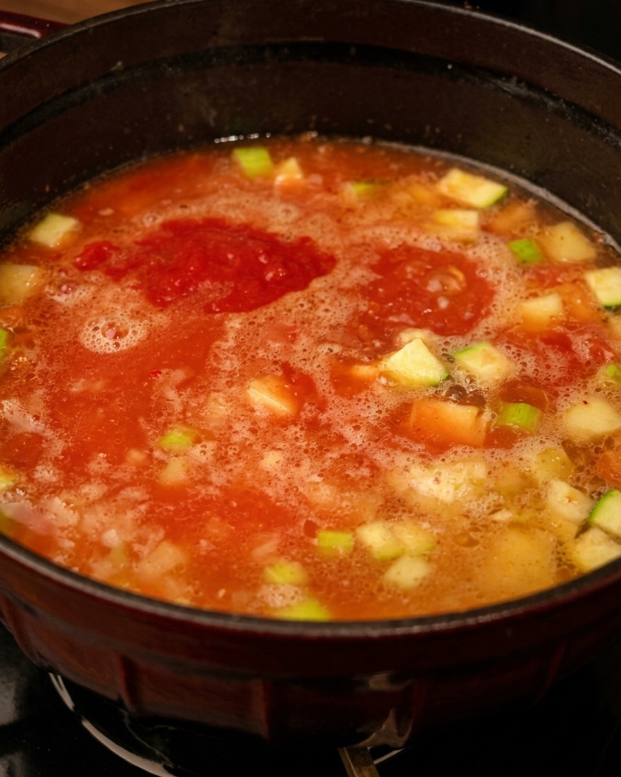 육수 위에 토마토 퓨레가 올려진 모습에서 골고루 섞어주는 과정.