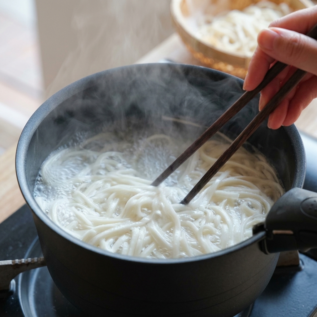 끓는 물에서 젓가락으로 면을 저으며 삶는 모습.