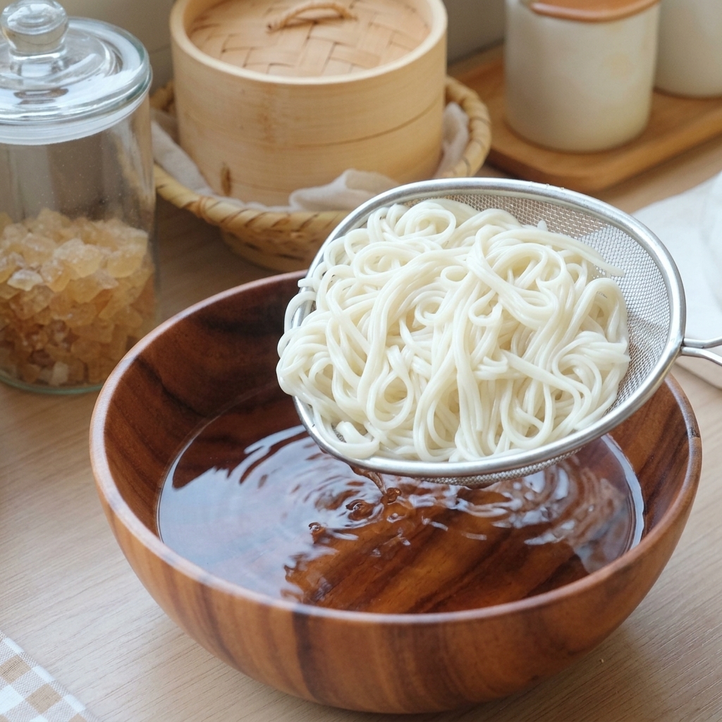 삶아진 면을 체로 건져 올리는 모습.