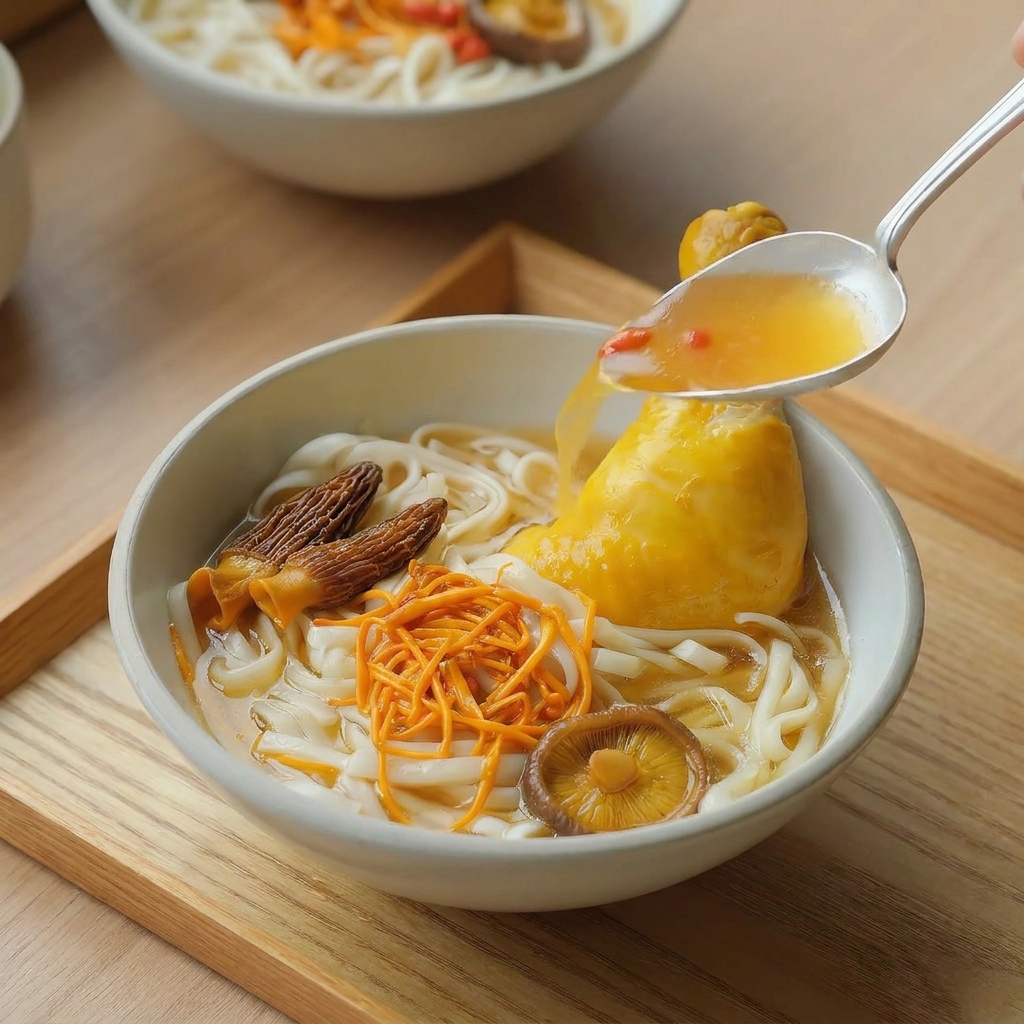 면과 닭다리가 담긴 그릇에 국자를 이용해 국물을 붓는 모습.