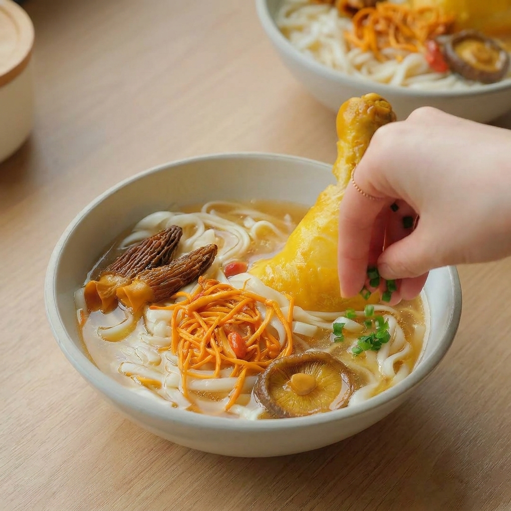 닭고기 국수 위에 잘게 썬 쪽파를 뿌리는 모습.