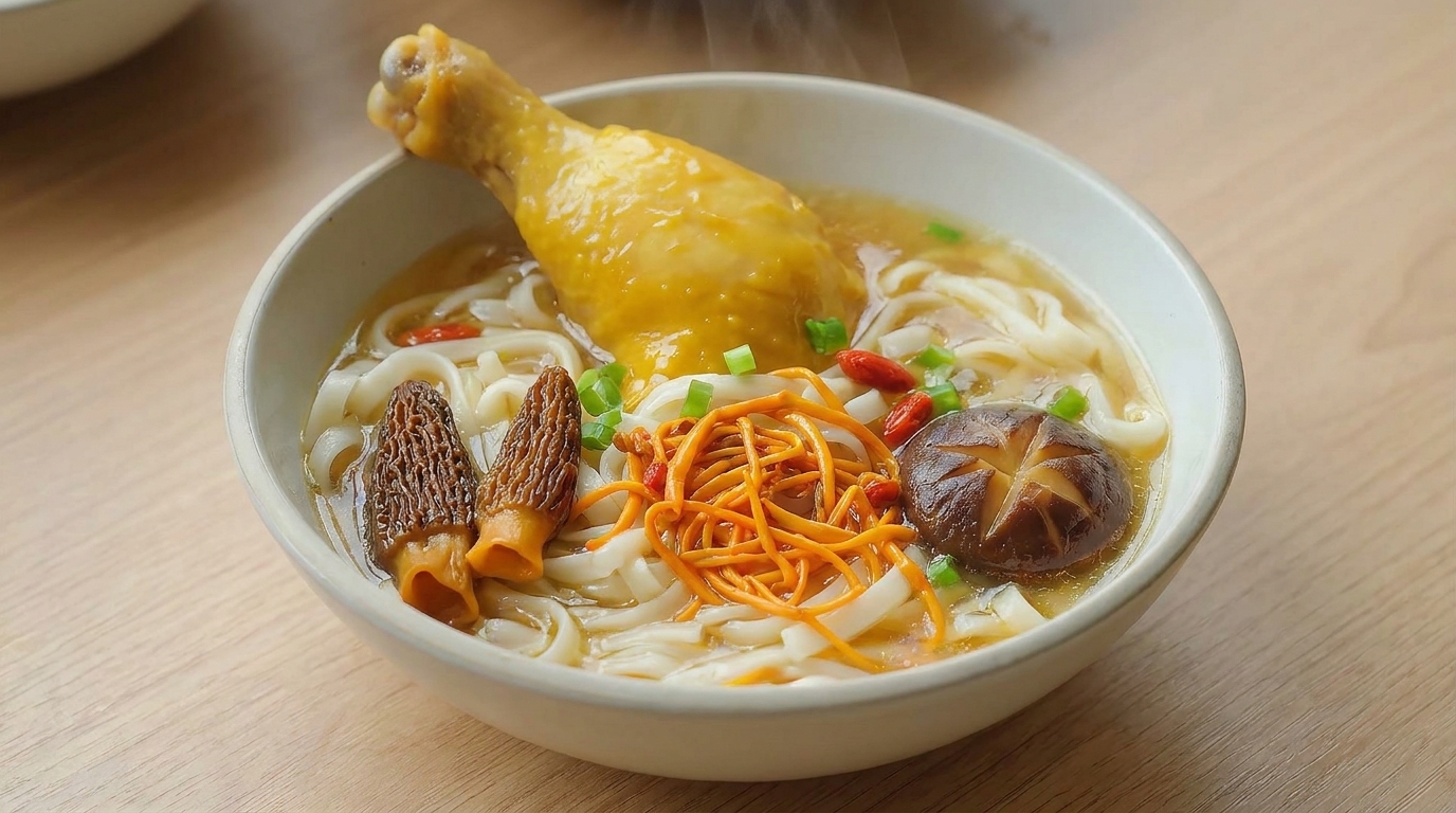 황금빛 동충하초 버섯 닭고기 국수