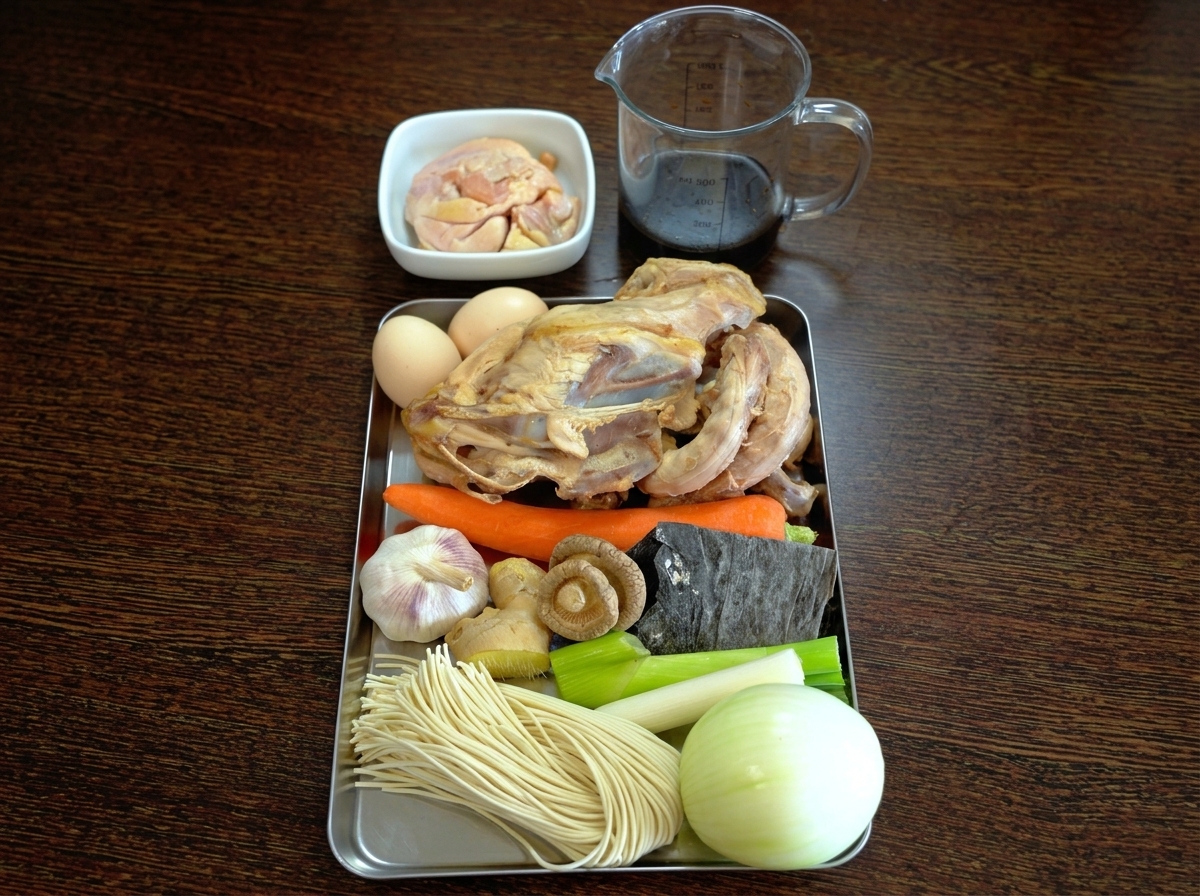 데친 닭 뼈, 신선한 채소, 향신 채소, 생면, 달걀, 진간장이 준비된 조리대 모습.
