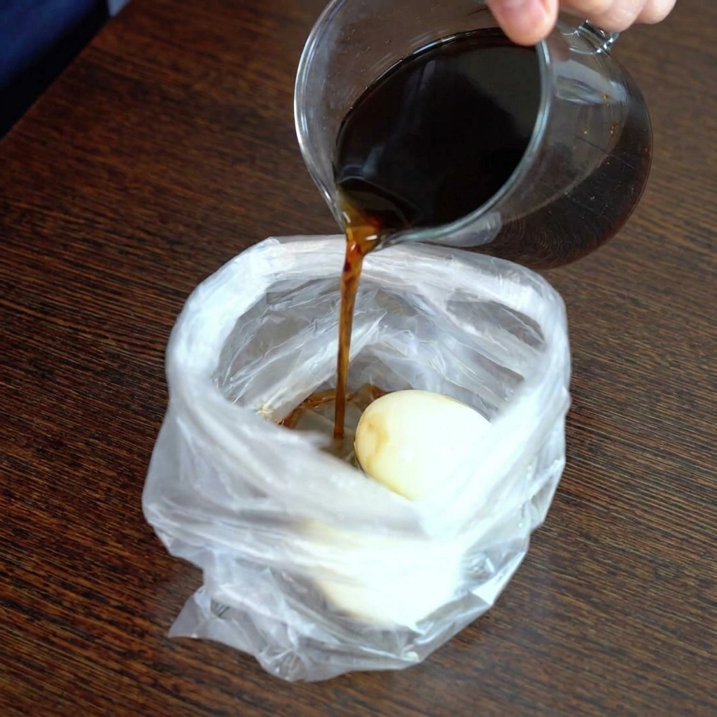 껍질을 벗긴 반숙 달걀이 담긴 지퍼백에 진한 간장 절임장을 붓는 모습.