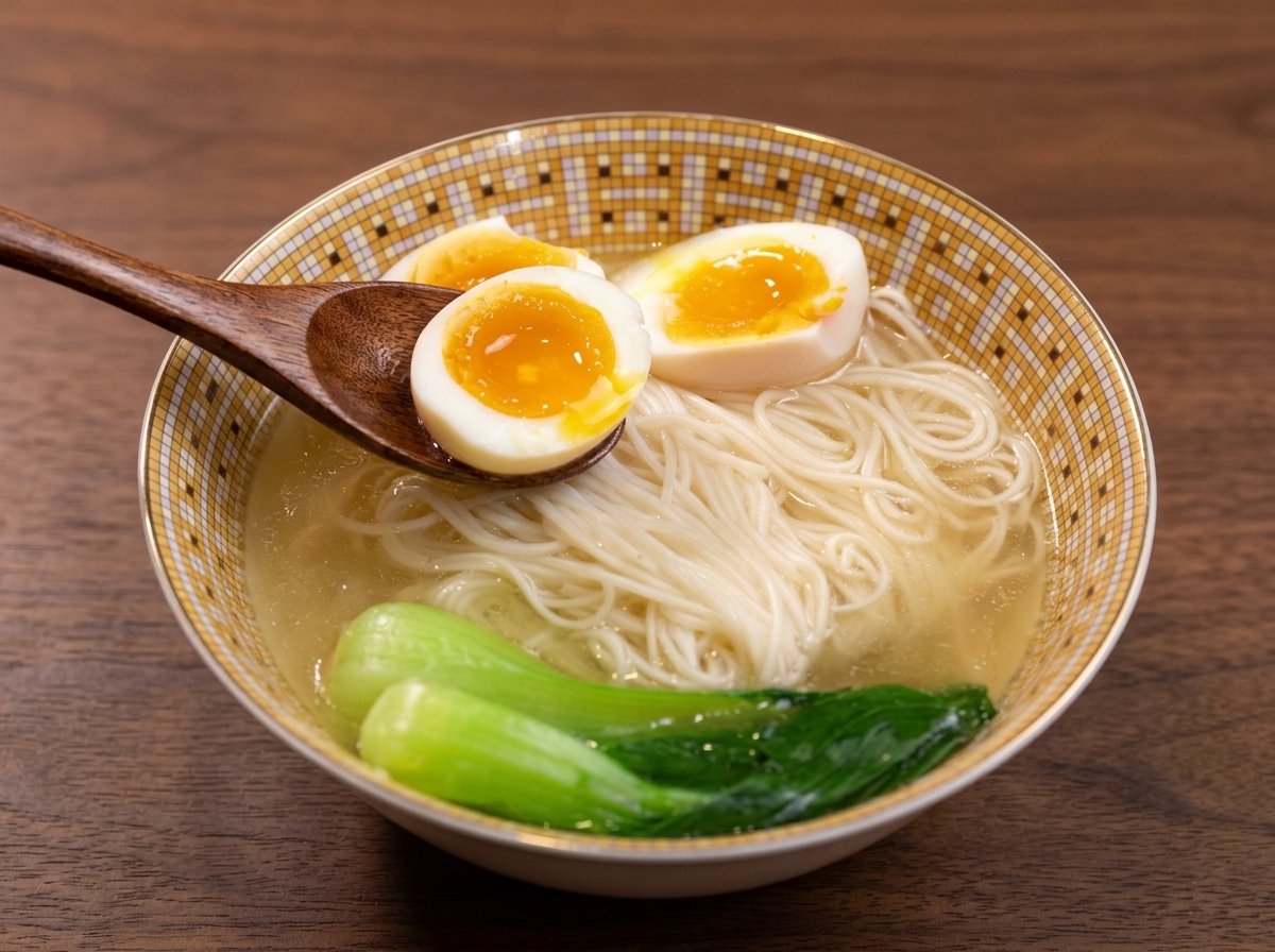 반숙란을 숟가락으로 떠서 국수 그릇에 올리는 모습