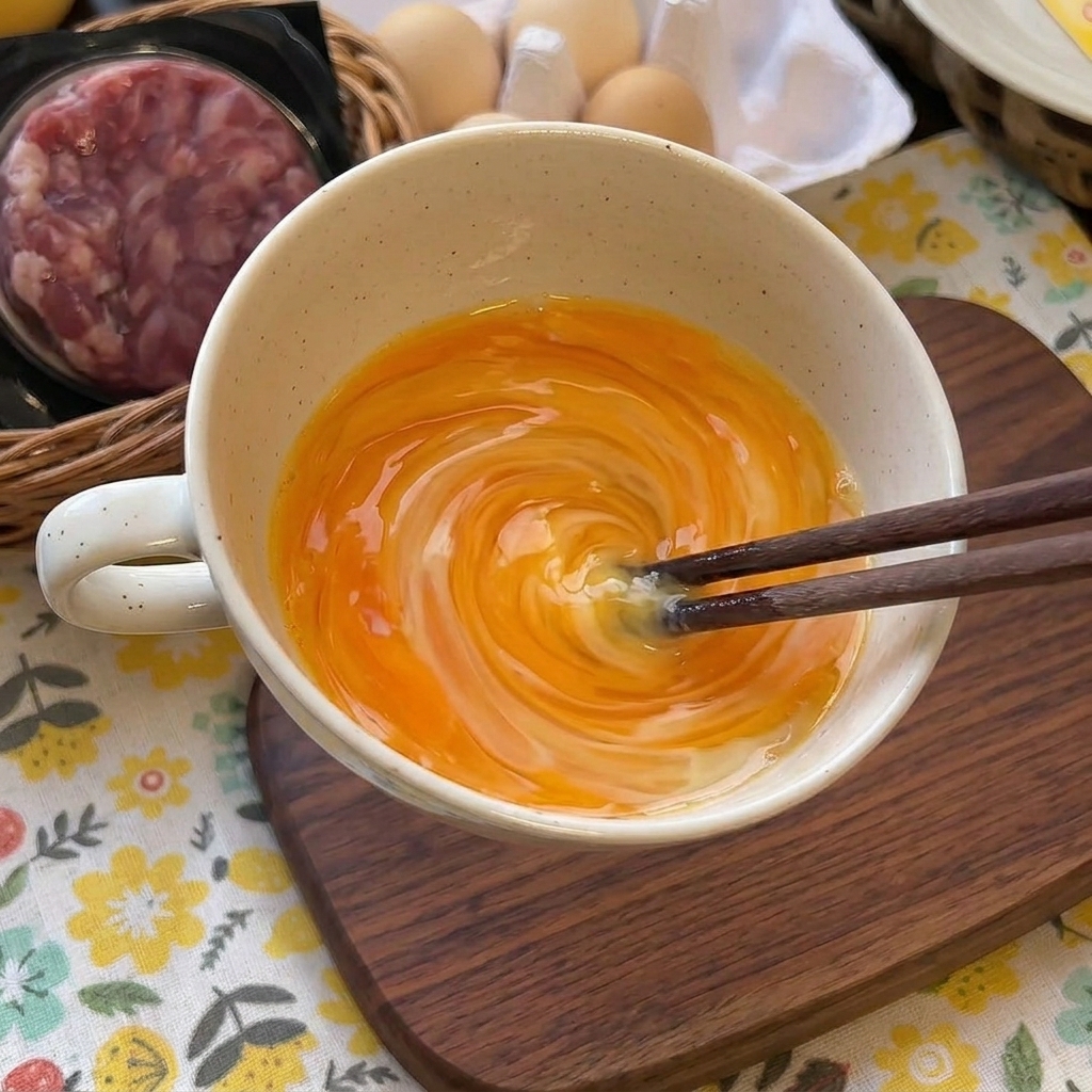 젓가락으로 컵 안의 달걀과 우유를 빠르게 젓는 모습.