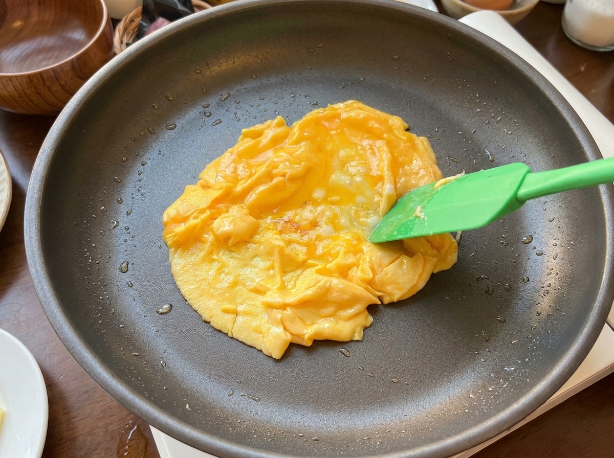 주걱으로 익은 달걀을 팬 중앙으로 부드럽게 밀어 넣는 모습.