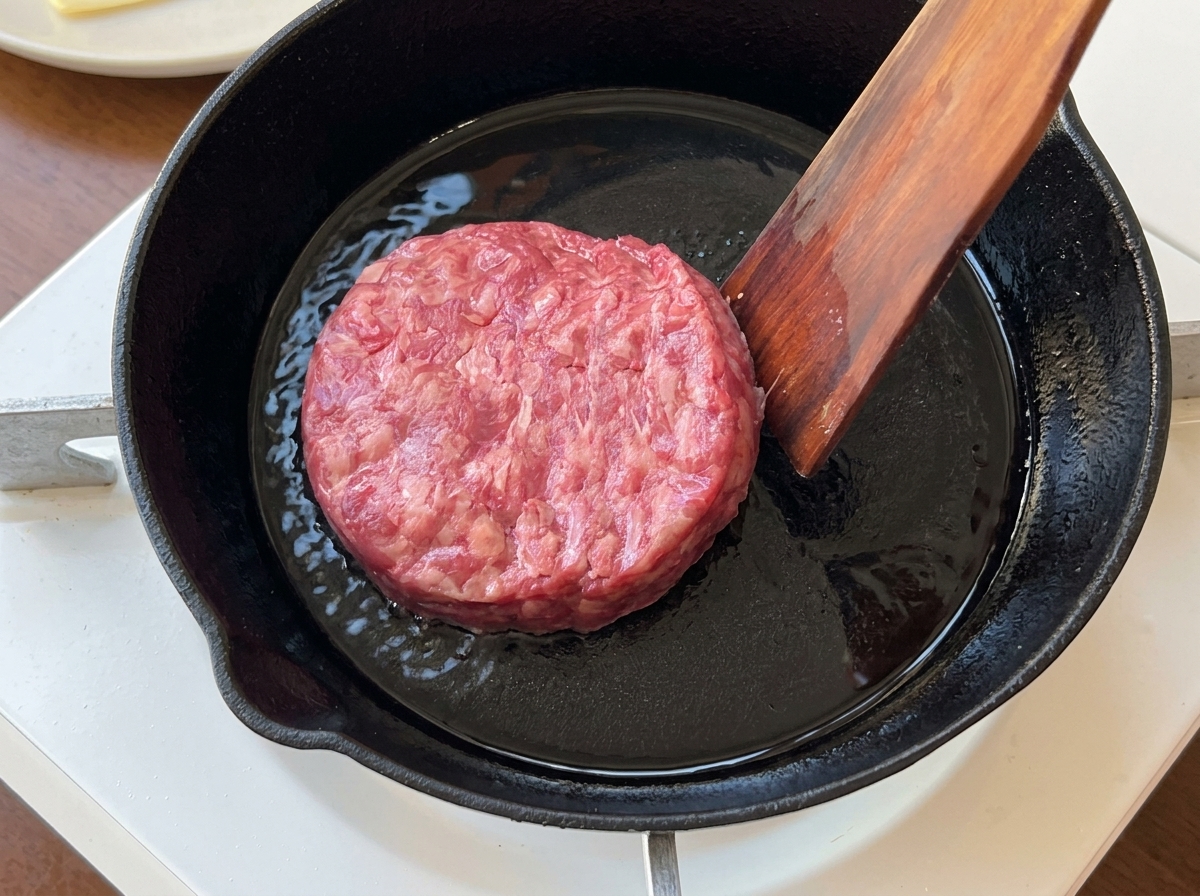 달궈진 무쇠 팬에 소고기 패티를 올리는 모습.