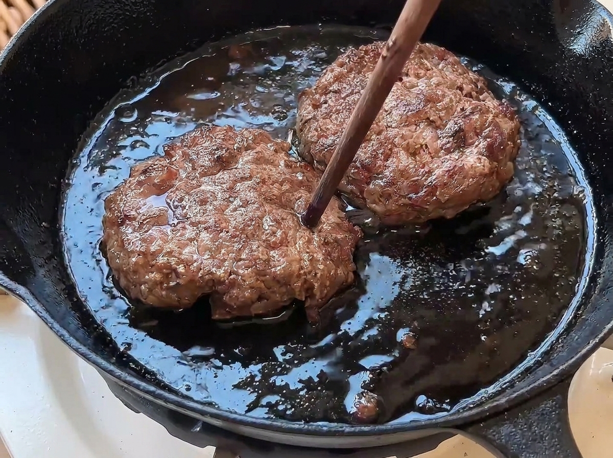 노릇하게 구워진 패티를 젓가락으로 찔러 확인하는 모습.