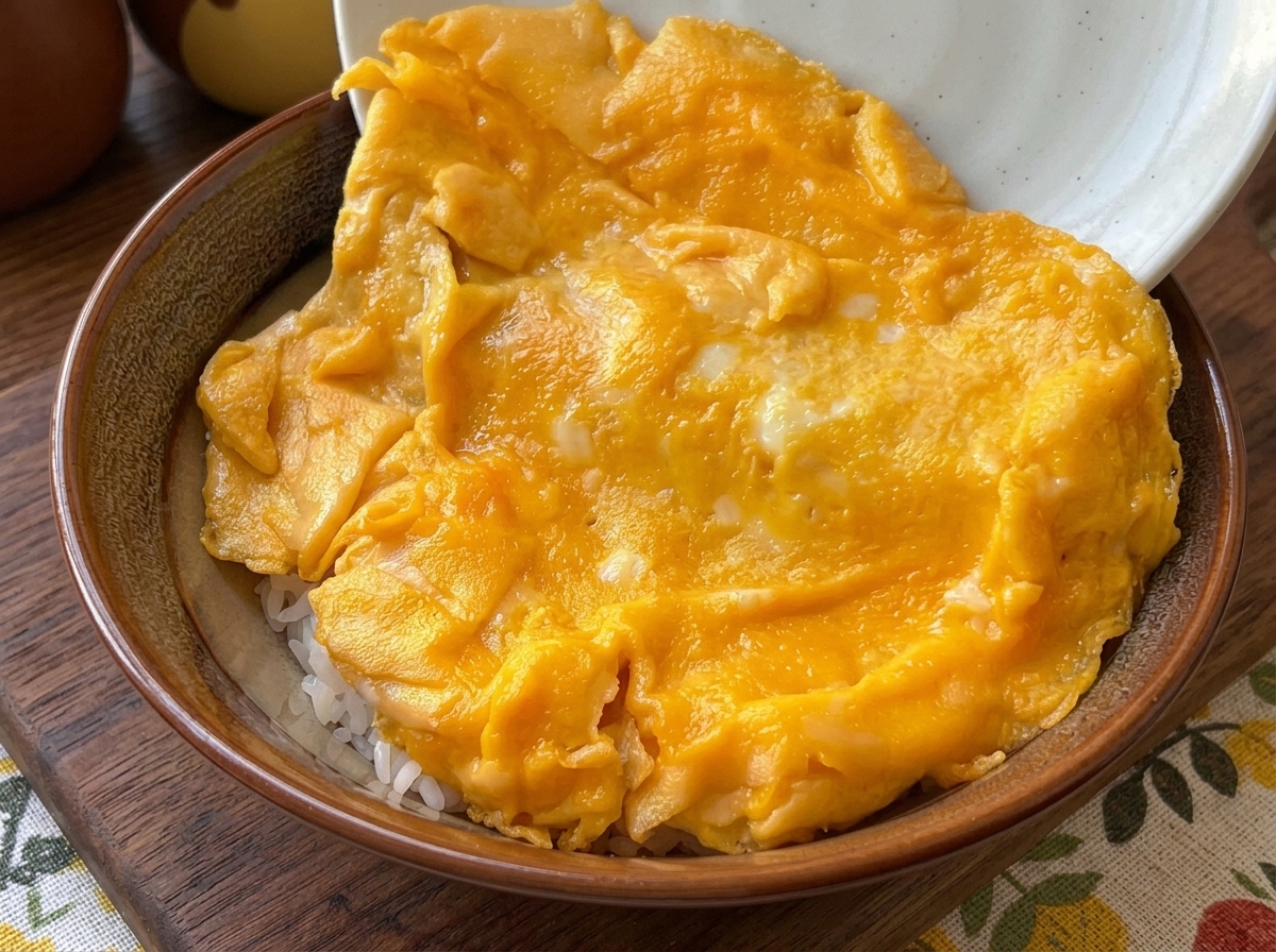 하얀 쌀밥 위에 부드러운 달걀을 덮은 모습.