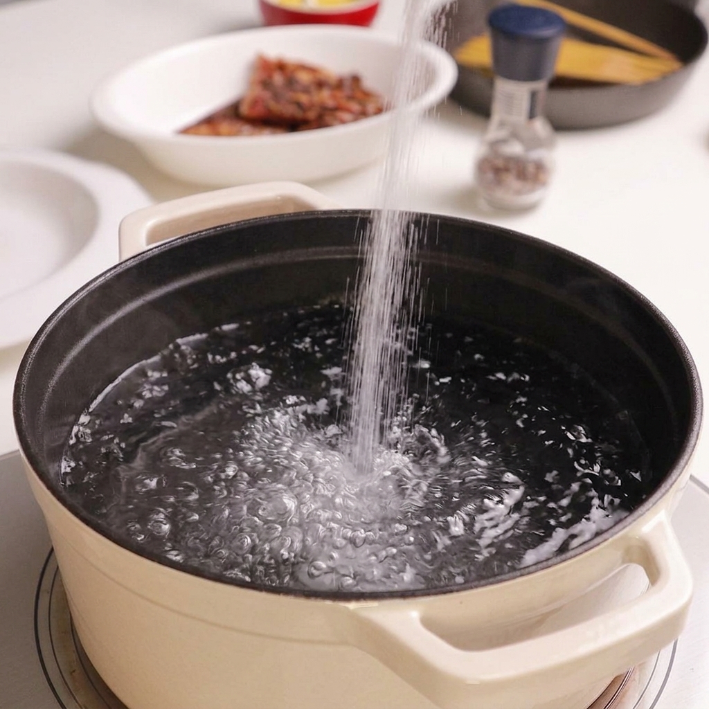 팔팔 끓는 물이 담긴 흰색 냄비에 소금을 붓는 모습.