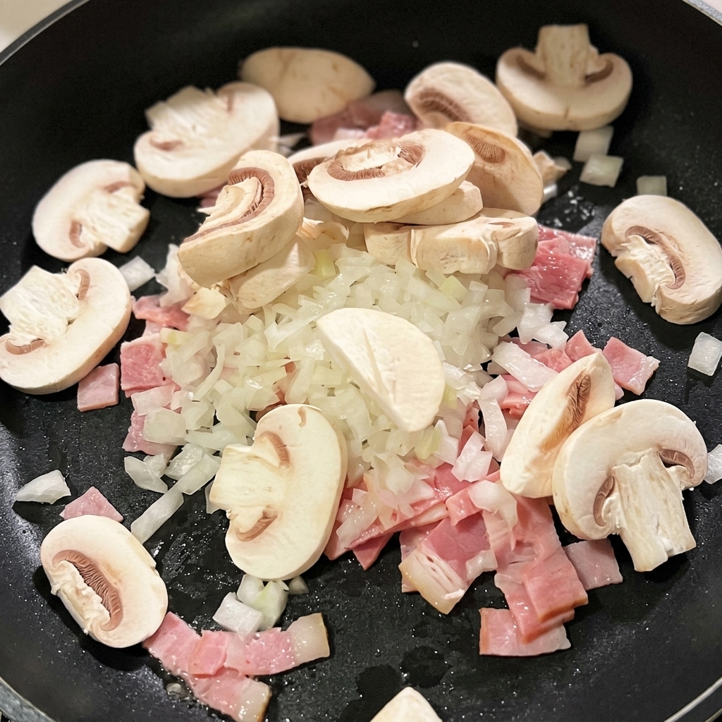 베이컨과 함께 양파, 버섯을 볶는 모습