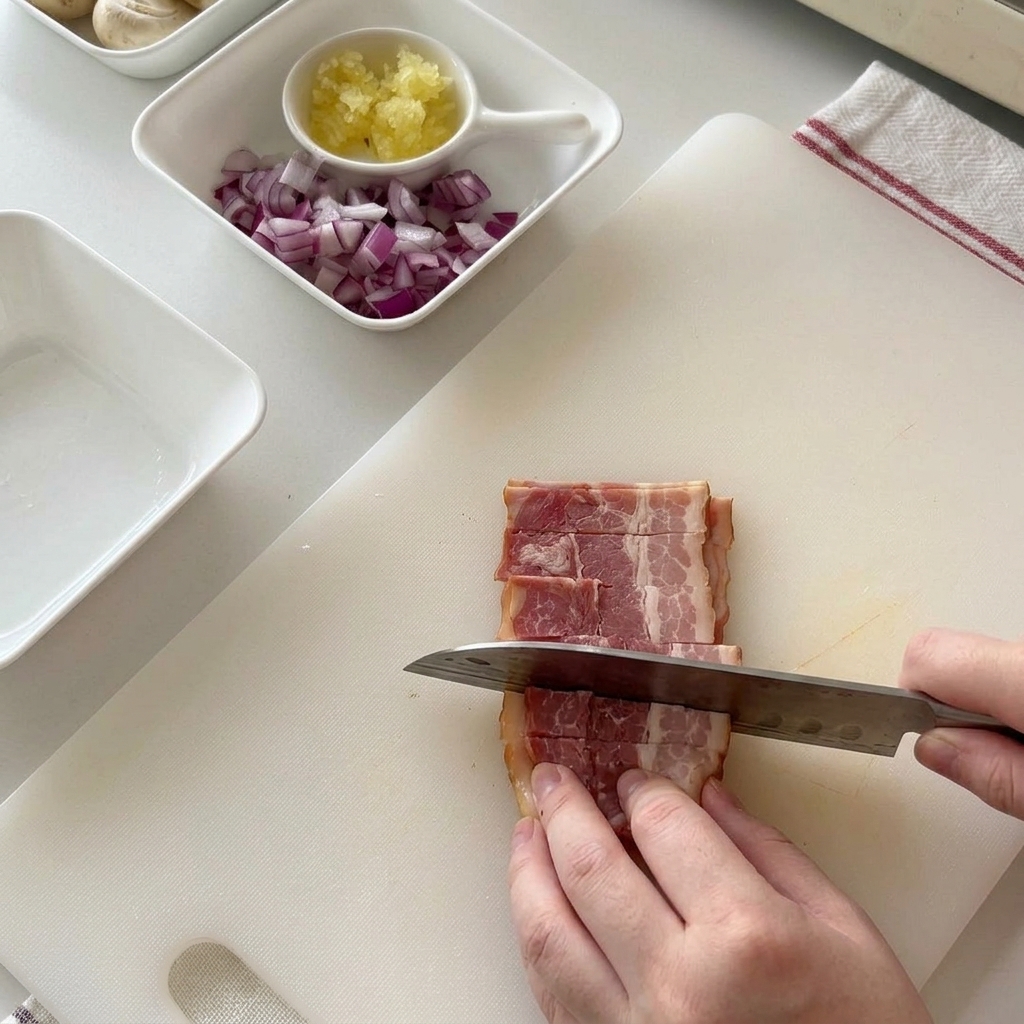 흰색 도마 위에서 생베이컨을 한입 크기로 자르는 모습.