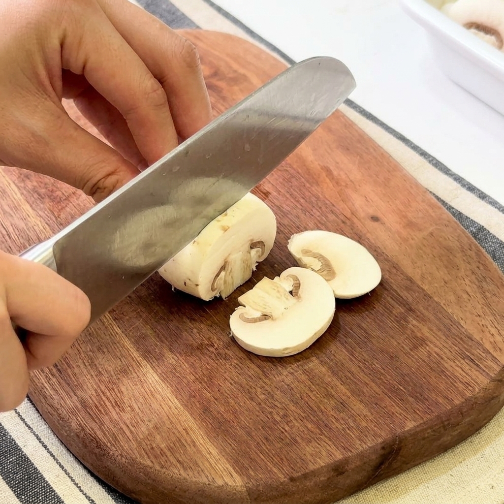 도마 위에서 요리용 칼로 양송이버섯을 써는 모습