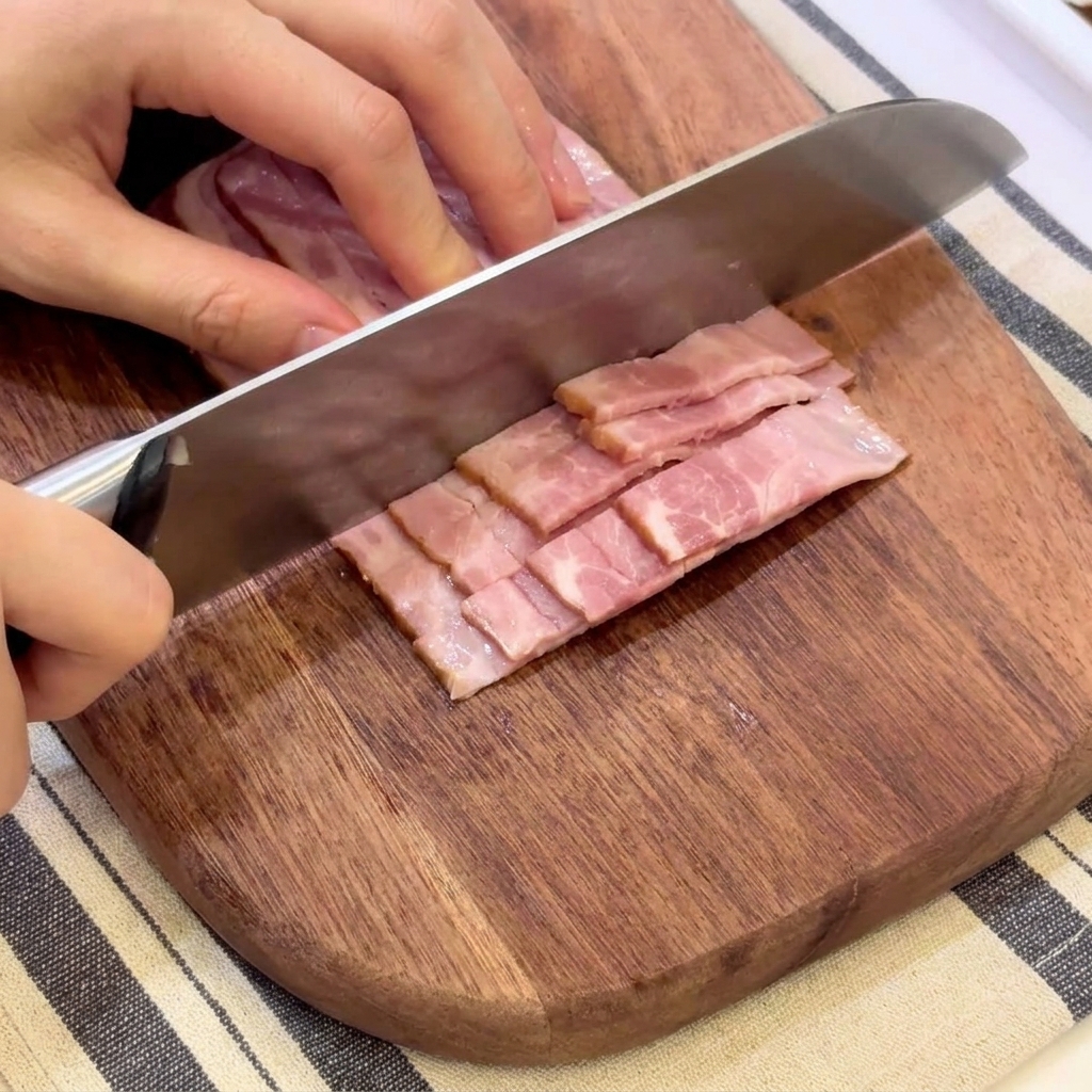 도마 위에서 겹쳐진 베이컨을 먹기 좋은 크기로 자르는 날카로운 칼