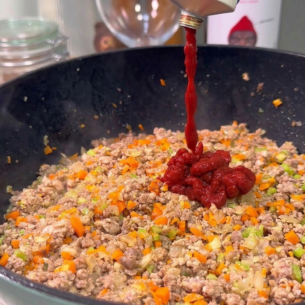 고기와 채소가 든 팬에 진한 붉은색 토마토 페이스트를 짜 넣는 모습.