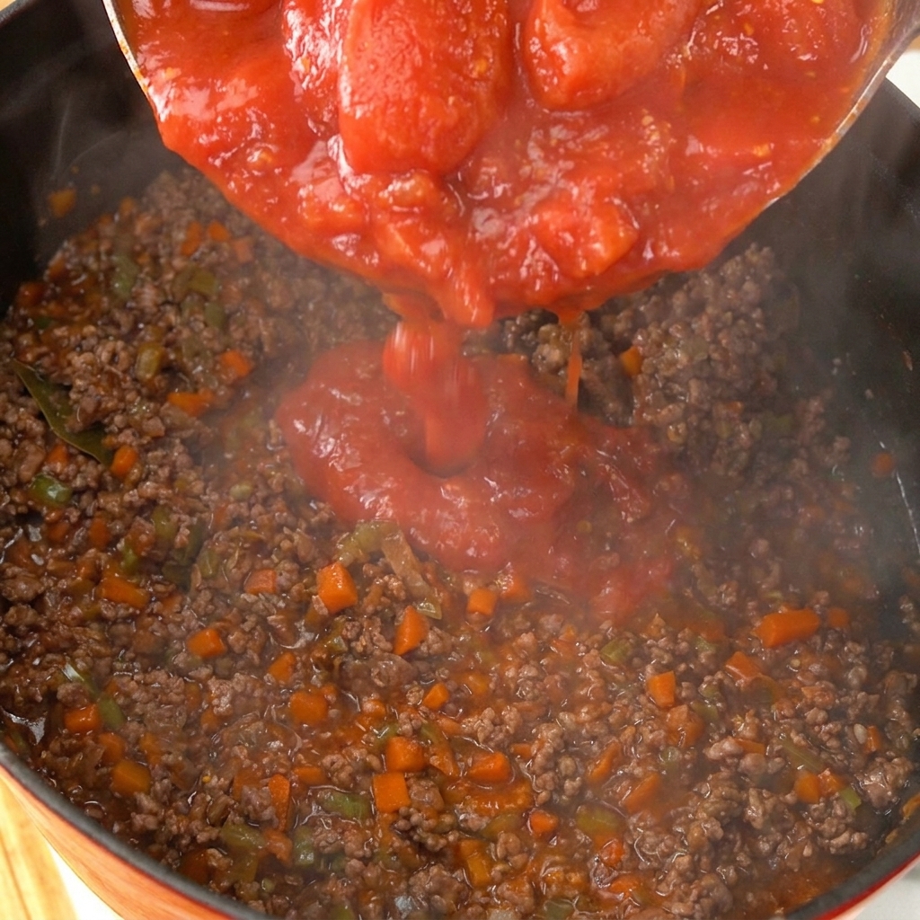 진한 고기 혼합물에 붉은 홀 토마토와 즙을 붓는 모습