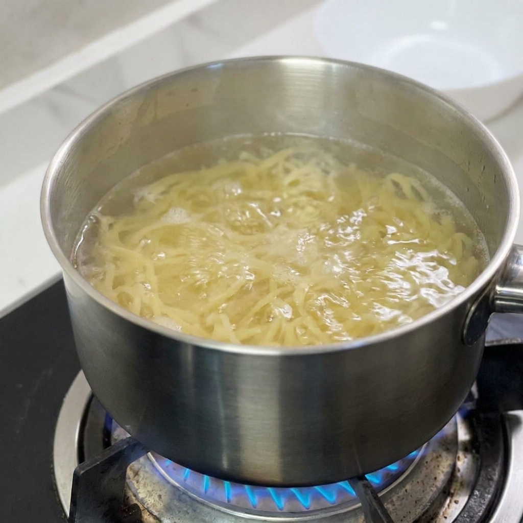 끓는 물속에서 부드러워진 스파게티 면이 냄비 안에서 익고 있는 모습.