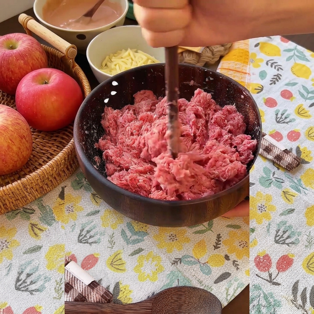 손에 젓가락을 쥐고 볼에 담긴 고기 반죽을 한 방향으로 힘있게 젓는 모습