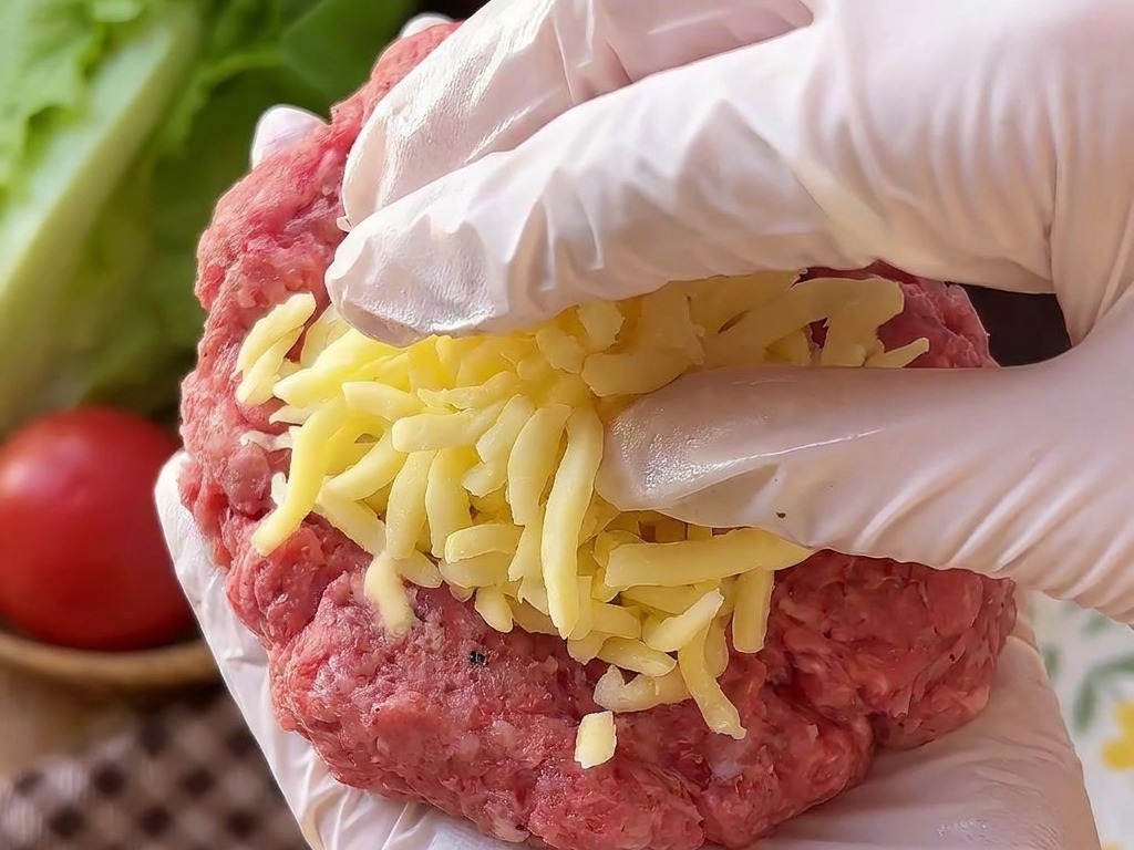 장갑을 낀 손바닥 위에 펼쳐진 고기 패티 중앙에 슈레드 체다 치즈가 수북이 쌓인 모습