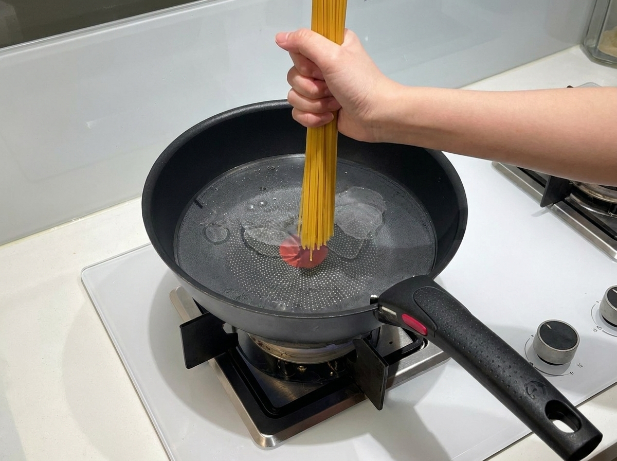 끓는 물이 담긴 냄비에 스파게티 면 한 묶음을 세워서 넣는 모습.