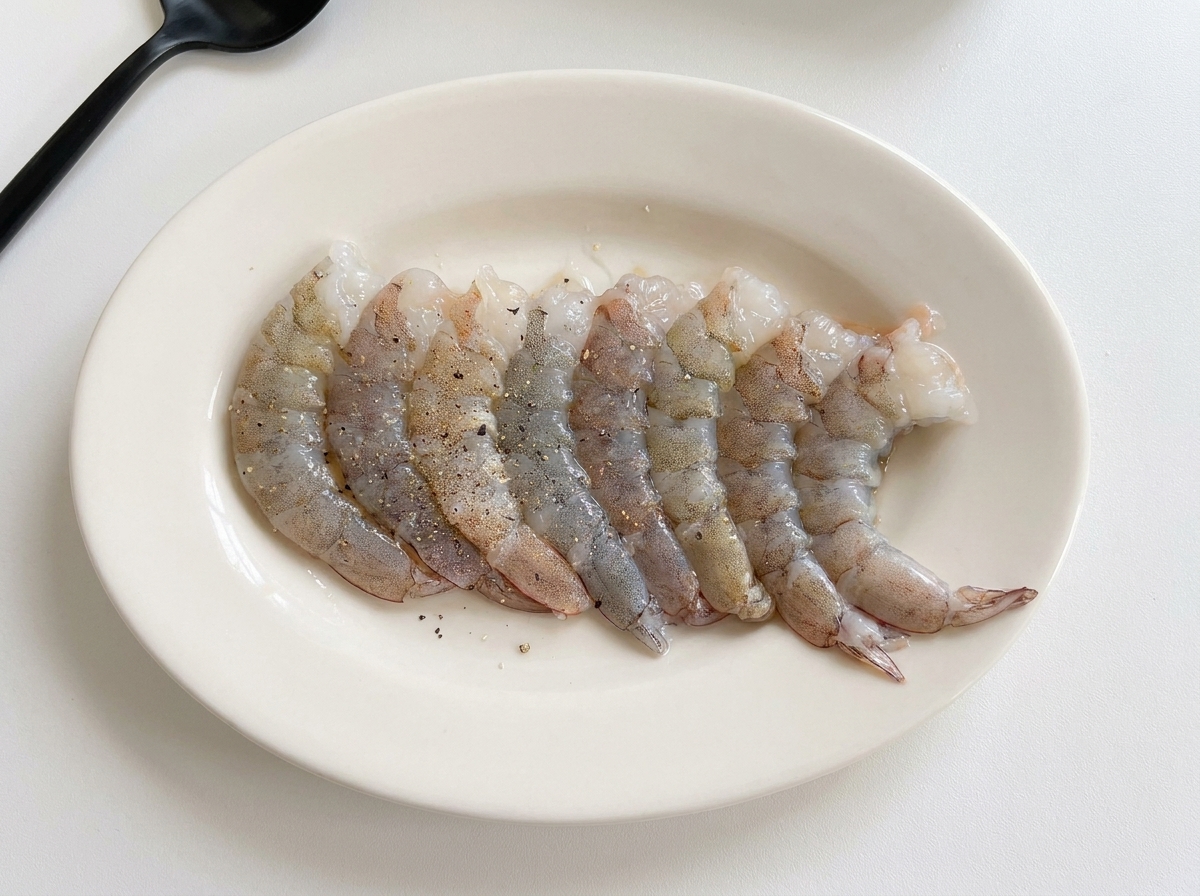 흰 접시 위에 가지런히 놓인 손질된 생새우 위에 후추가 뿌려져 있는 모습.