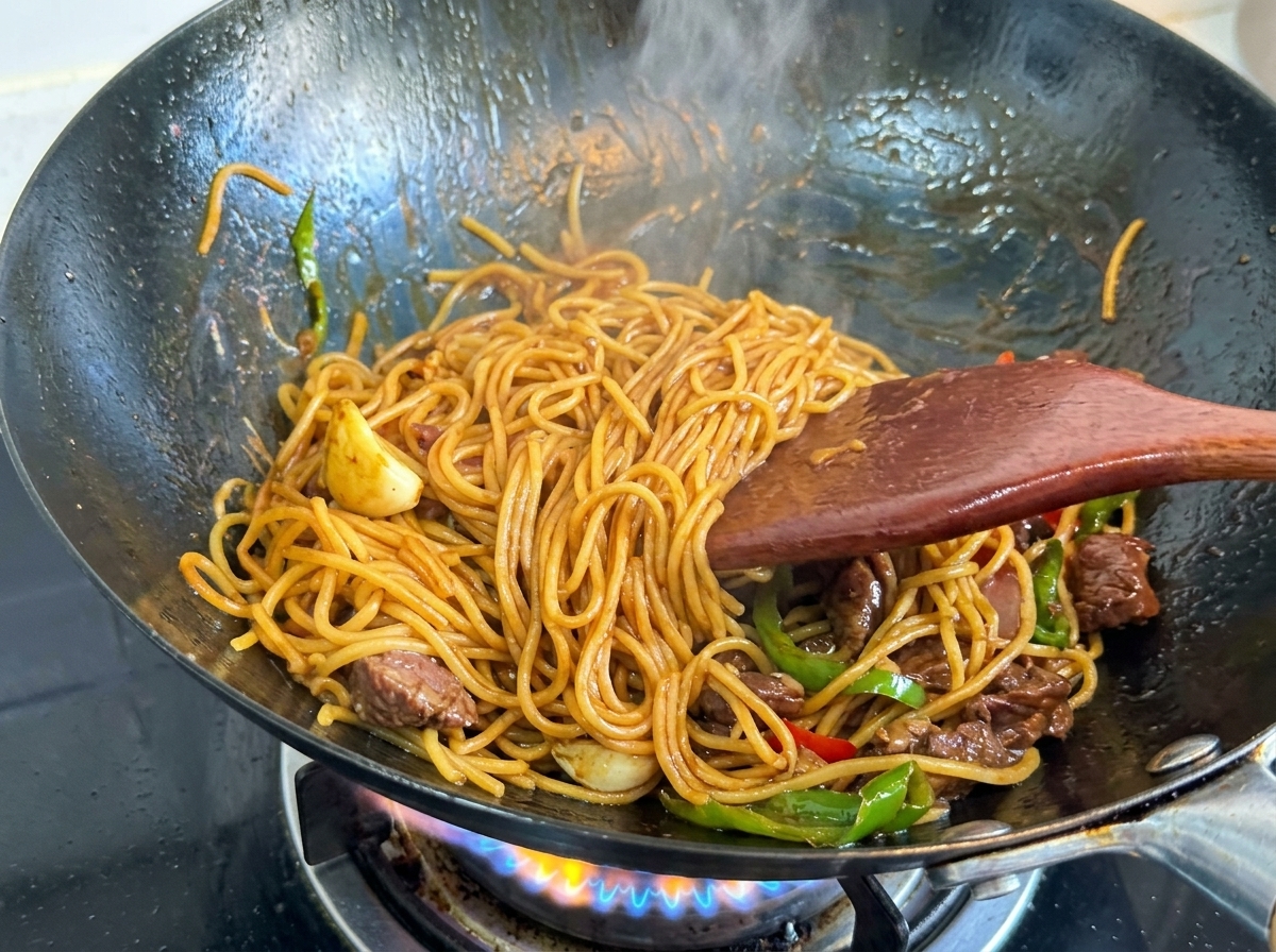 소스가 코팅된 면을 볶는 모습