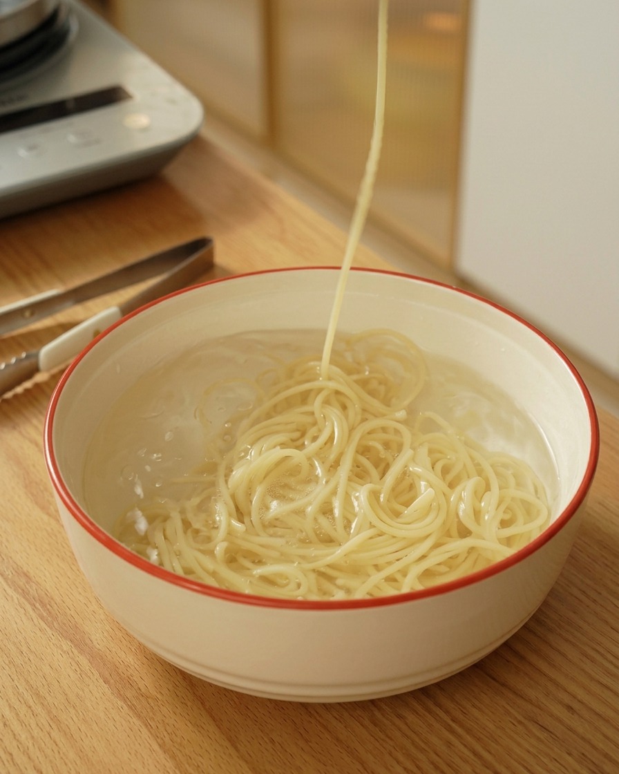 찬물이 담긴 볼에서 삶아진 스파게티 면을 건져 올리는 모습.