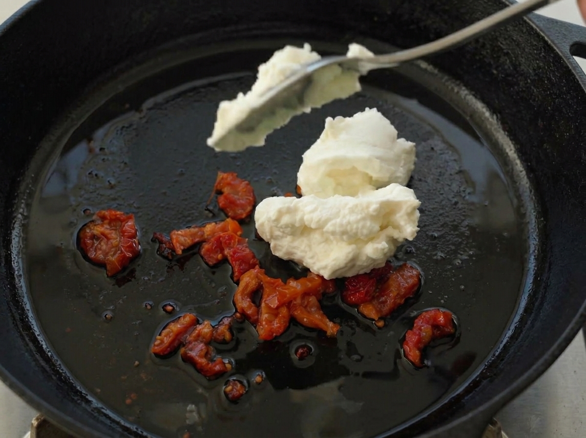 썬드라이 토마토를 볶던 팬에 리코타 치즈를 듬뿍 넣는 모습.
