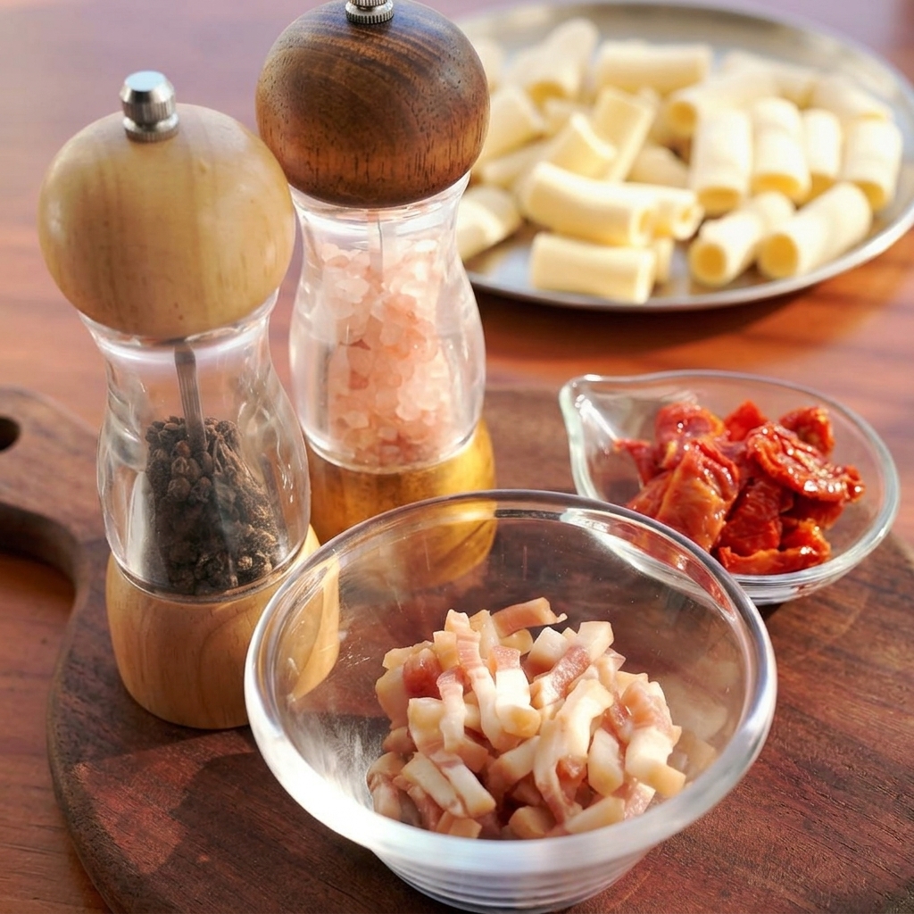 나무 도마 위에 놓인 다진 관찰레와 리가토니, 썬드라이 토마토.